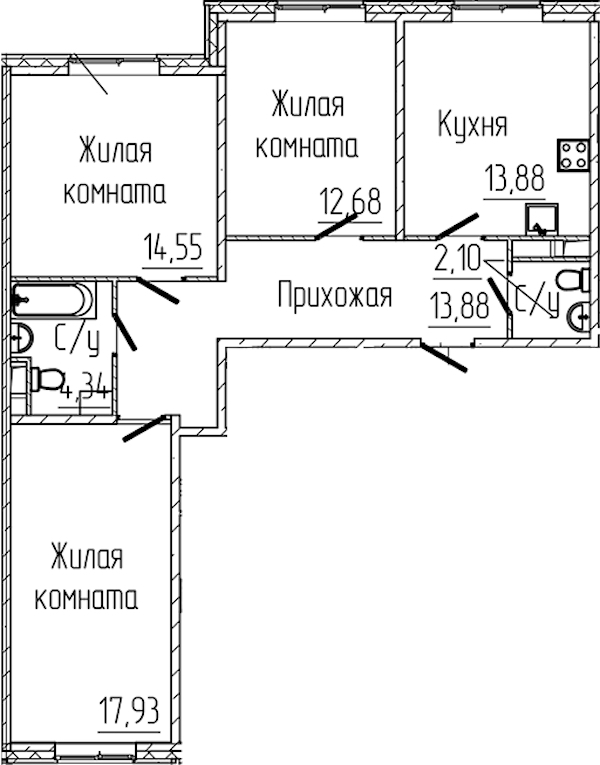 3-комнатная квартира 79.36 м², 2/8 эт., ЖК «SERTOLOVO PARK»